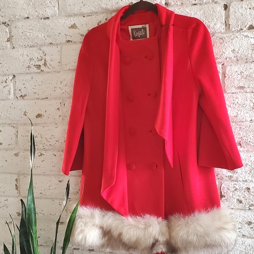 Vintage 50's Kagels Red 100% Wool Swing Jacket Fur Trim Retro Winter Coat Lined - Picture 15 of 15